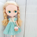 ブライス ヒッコリー ストライプ ワンピース（水色）+かごポシェット 2点セット リカちゃん アウトフィット