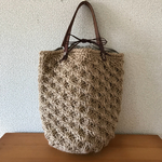 本革持ち手 松編みの麻ひもバッグ たて長
