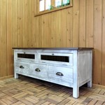 【歳末セール】ハンドメイド家具 テレビ台 ローボード リビング収納 木製 無垢 シャビーホワイト 白色 ホワイト 幅110㎝ 【送料無料】