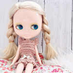 ブライス ドール用 フリル袖 ニット+パンツ ルームウェア セットアップ（ダスティピンク×白リボン）アウトフィット リカちゃん 部屋着