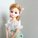 リカちゃん ブライス モスグリーン×ピンクリボンのドレスセット
