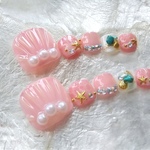 ジェルネイルチップ☆付け爪☆フット～人形の鱗×海面ドロップ～ピンク