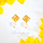 クラッシュシェルとパールのピアス❤︎オレンジ