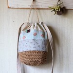 3WAY ヴィンテージ調麻ヒモかごバッグ＊ショルダー＊パッチワーク＊蝶々ボタン付＊浴衣時に