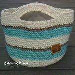 ボーダー柄の麻bag（丸底　チョコミントcolor）