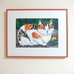 原画 「ミケちゃんとタンポポ」 （額付 / ナチュラル）A4 ＃猫の絵＃ねこ＃三毛猫＃絵画＃タンポポの絵＃通販＃アート
