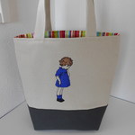 可愛いフランスの女の子刺繍の帆布のミニトートバッグ　ブルー
