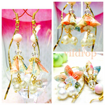 友禅千代紙【水桃色系和柄】桜コーン&水晶 高瀬貝パールの和ピアス イヤリング 浴衣に❁