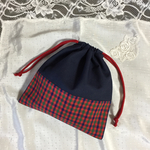 チェック＆紺　切り替えきんちゃく