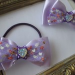 浴衣にも♡親子でお揃いも♡再♡ラベンダーサテンダブルりぼん♡オーガンジーシフォンハート柄♡キラキラデコキッズへアゴム２点セット