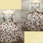 1点物*クラシカルローズシャーリングワンピース薔薇柄★アイボリー×生成レース(即納品)