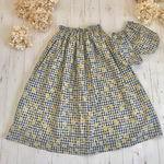 🎗クッカチェック🎗フラワー刺繍プリント🎗ネイビー×マスタード✨リンクコーデ💕ママとベビーのとっておき 💕 ❇ミドル丈スカート & かぼちゃパンツセット✳ベビー８０又は90💛✨親子コーデ