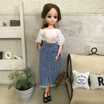 リカちゃん服♡袖レーストップス＆サックスブルーカットオフスカート♡ドール服