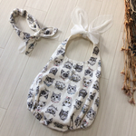 チュールリボンのふんわりサロペット&ヘアバンドセット◇ダブルガーゼ◇猫ちゃん柄 ホワイト◇size70,80
