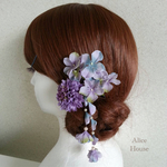再販💜✨【和装＊洋装どちらも可】花の髪飾り4点セット　揺れるパープル系紫陽花の花びら付き 紫色(パープル)マム 