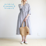 New【グレー】絞り加工ハーフリネンカシュクール風ブラウジングワンピース♥