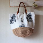 猫とミシン＊シュール＊麻ヒモかごバッグ＊本革持ち手