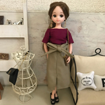  リカちゃん服♡ワインレッドオフショルカットソー＆ウエストリボンライトカーキスカート