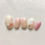 さくらピンクのシェルフラワー×ニュアンスネイル♡ブライダル／スワロ／上品／お呼ばれ