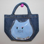 一点物【オシャレな淡い水色猫ちゃんデニムランチバック】一点物 トート