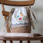 kihk..様専用＊3WAY アンティークリネン＊麻ヒモかごバッグ＊手刺繍＊スイスレース＊ショルダーバッグ
