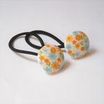 くるみボタンヘアゴム☆2個セット☆小花　ブルー×オレンジ