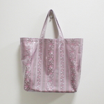Bagビニール大／ボーダーのキラリ♪花刺繍（ピンク）