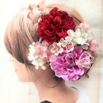 新色♡和装に華やかな赤、ローズピンクダリアに桜とハートの水引が可愛い髪飾り☆桜 結婚式 成人式 着物 袴 和装 卒業式 前撮り