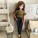 リカちゃん服♡袖ギャザーカーキトップス＆デニムテーパードパンツ♡大人リカちゃん