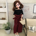【d様オーダー品】 リカちゃん服♡オフショル黒トップス＆ボルドー色ウエストリボンワイドパンツ♡リアルクローズ