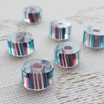 白とグリーンと紫のストライプ　ガラスビーズ　11X6mm 6個