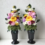 プリザーブドフラワーの仏花☆高さ33cm黄色白色の菊 デンファレピンクのミニダリアの仏花 お供えお悔みに
