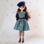 秋のワンピース　グリーン小花/ネイビー＊リカちゃん