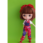itsucocoオリジナルTシャツ（ロゴ青×赤）+ヘアリボン（引き揃え糸）+オーバーオール（バンダナ柄）セット 013