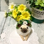 お顔の黒い子☆ハリネズミぬいぐるみ☆グリーン(白いお花付き)
