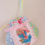 hana*ハンドメイド★レトロアニマルまんまる巾着♪パステルパッチワーク青い鳥さん♪