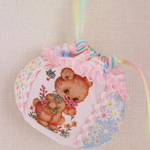 hana*ハンドメイド★レトロアニマルまんまる巾着♪パステルパッチワーク花かごクマちゃん♪