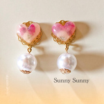 ピンクかすみ草×ハート×パールピアス