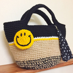 💛送料込み💛ニコちゃんの毛糸と麻紐のカゴバッグ😋Black &yellow