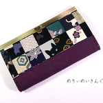 格子にゃんこの口金長財布／紫