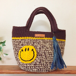💛送料込み💛ニコちゃんの麻紐&毛糸のカゴバッグ👜😋brown &ヤマブキ色