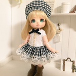 オビツ11用 帽子付きワンピース(チェック)