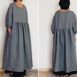 大人可愛いパフ袖のシンプルなワンピース リネン サックスグレー