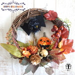 【ハロウィン】Halloween✳︎ 直径約２５cm！パンプキン&コウモリがとても可愛い！！ハロウィンフラワーリース♩