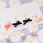 ハートとリボンとコットンパール♡　ゆれるピアス/樹脂ノンホールピアス（イヤリング）