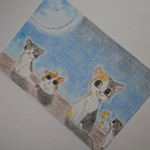 月夜のお散歩 ～にゃんこの月見～【額入りハガキサイズ原画イラスト】