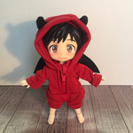 悪魔ちゃんつなぎ 長袖 赤黒 尻尾、羽付き