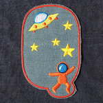 アップリケワッペン 膝当てジーンズ -UFOと宇宙飛行士 ライトブルー  1349