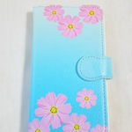 ピンクのコスモスと水色の手帳型スマホケース  iPhoneケース  Android対応     