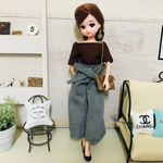 リカちゃん服♡オフショルブラウントップス＆ウエストリボングレーワイドパンツ♡リアルクローズ  